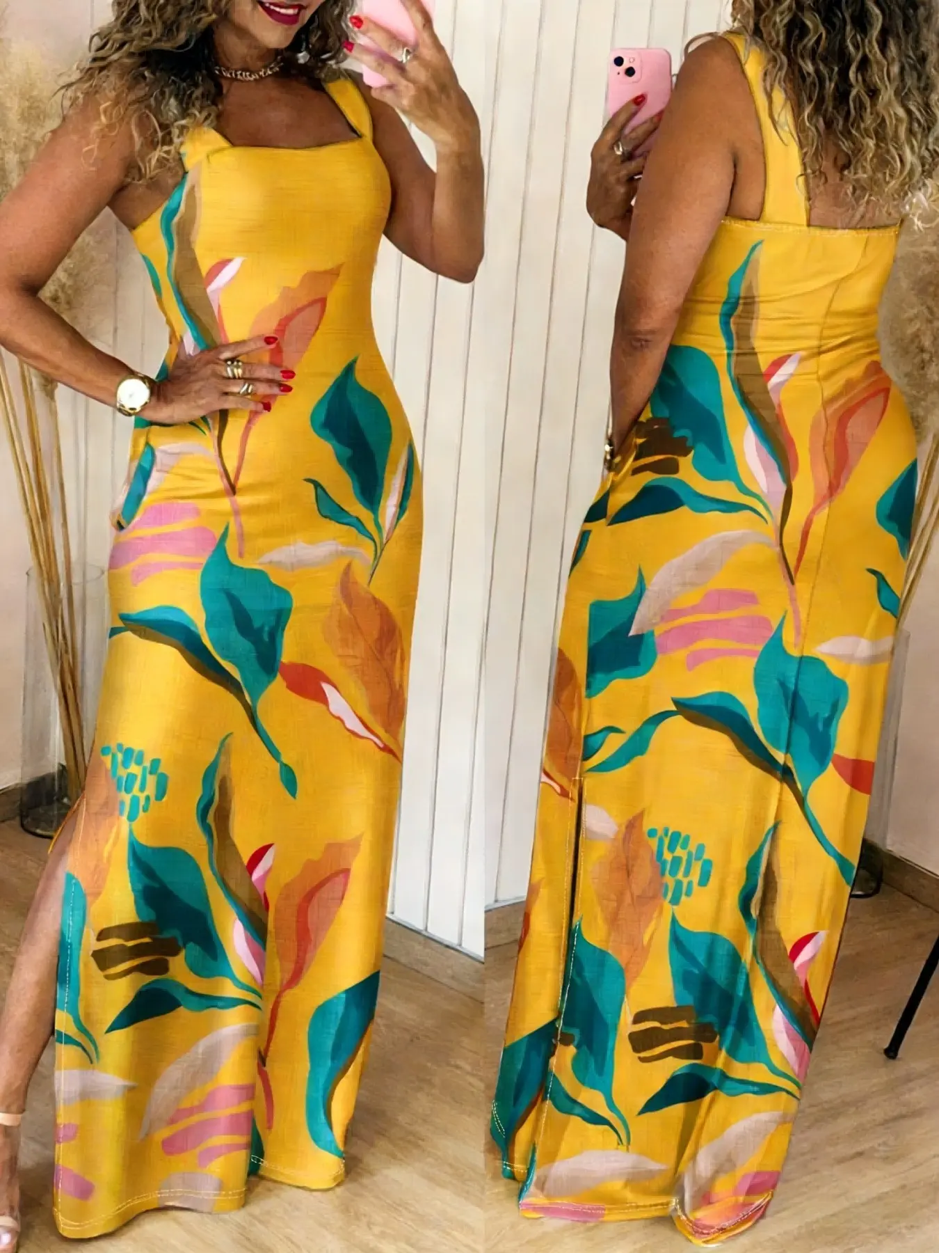 Square Neck Strap Plant Print Split Dress, Slim Fit Lightweight Tropical Style, Elegant Feminine Summer Dress for Beach, Date, Party