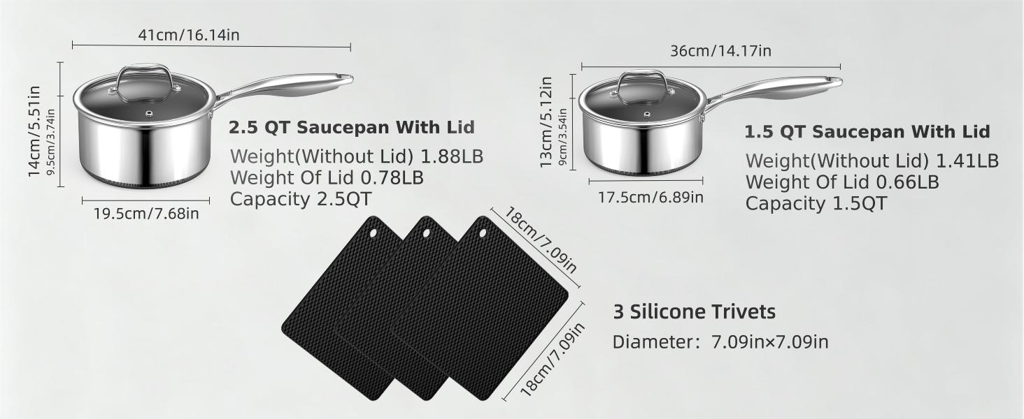 14-Piece Hybrid Stainless Steel Cookware Set, Non-Stick Pots and Pans Set with 3 Silicone Trivets| Induction Compatible Frying Pans, Saucepans, Saute Pan & Stock Pot| Oven Dishwasher Safe