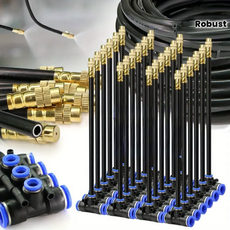 5 sets of flexible, 360-degree swivel, sturdy and durable adjustable nozzles, made of brass and plastic, designed to be leak-proof with quic connectors, suitable for cooling systems, gardening, and industrial irrigation. Fits 12mm PE/PU/PVC nylon hoses.