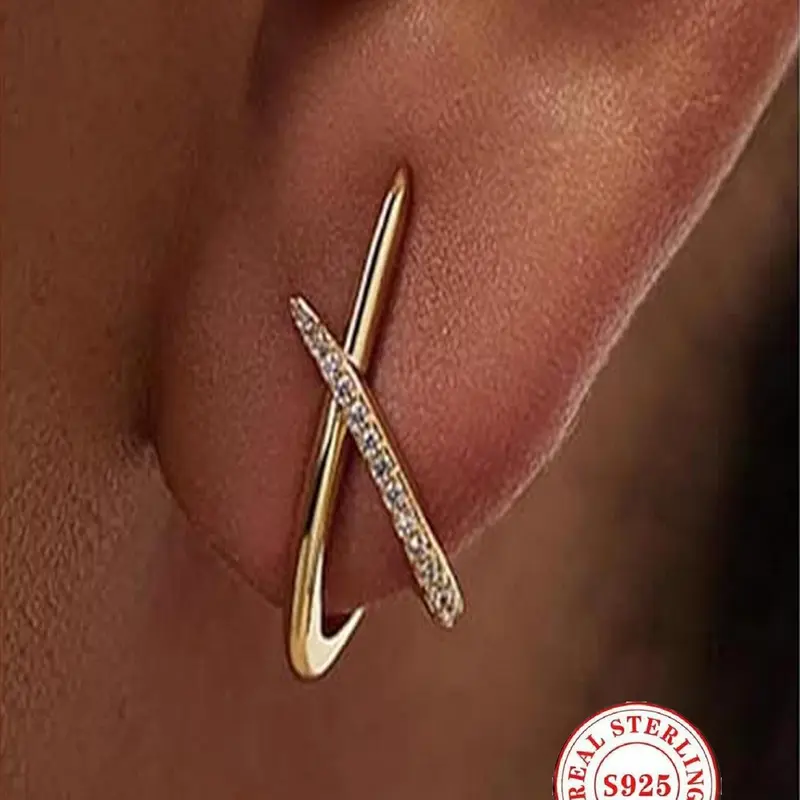 S925 Silver Women's 14K Gold Earrings Fashion Earrings Elegant Earrings Simple Pure Cube Zirconia Diamond Gold Earrings Anti-allergic Earrings Ladies Gift Sparkling Ear Jewelry