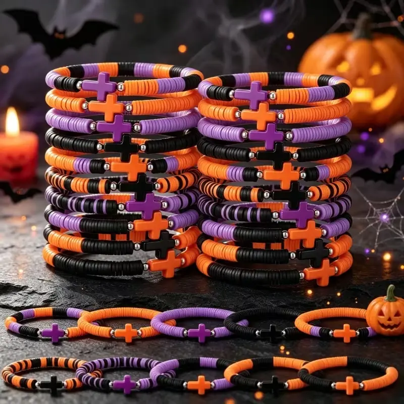 Women's Halloween Cross Bracelets Bulk Pack - 24Pcs Handmade Elastic Polymer Clay Bead Wristbands (Orange, Black, Purple) - Casual Jewelry for Halloween Party Favors, Gift Giving