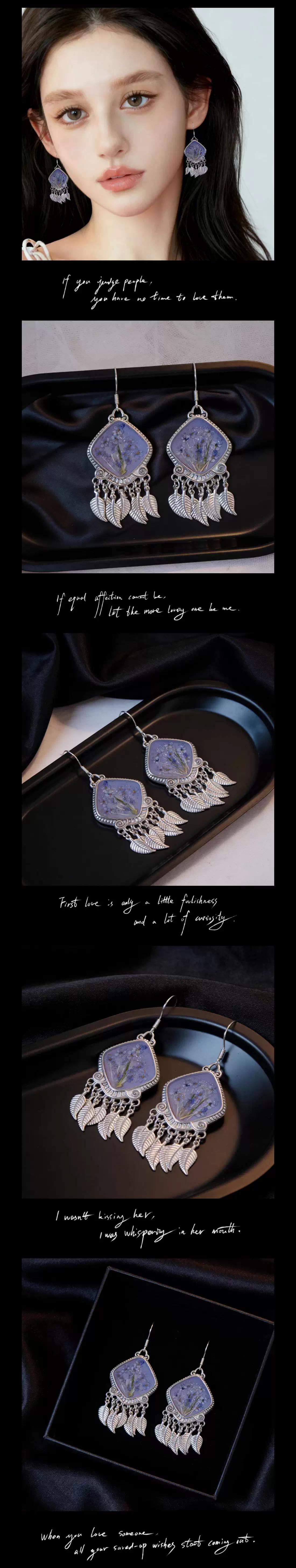 GUDS GAVE Miao Silver Retro Ethnic Tassel Earrings | Handmade Blue Preserved & Dried Flower Earrings