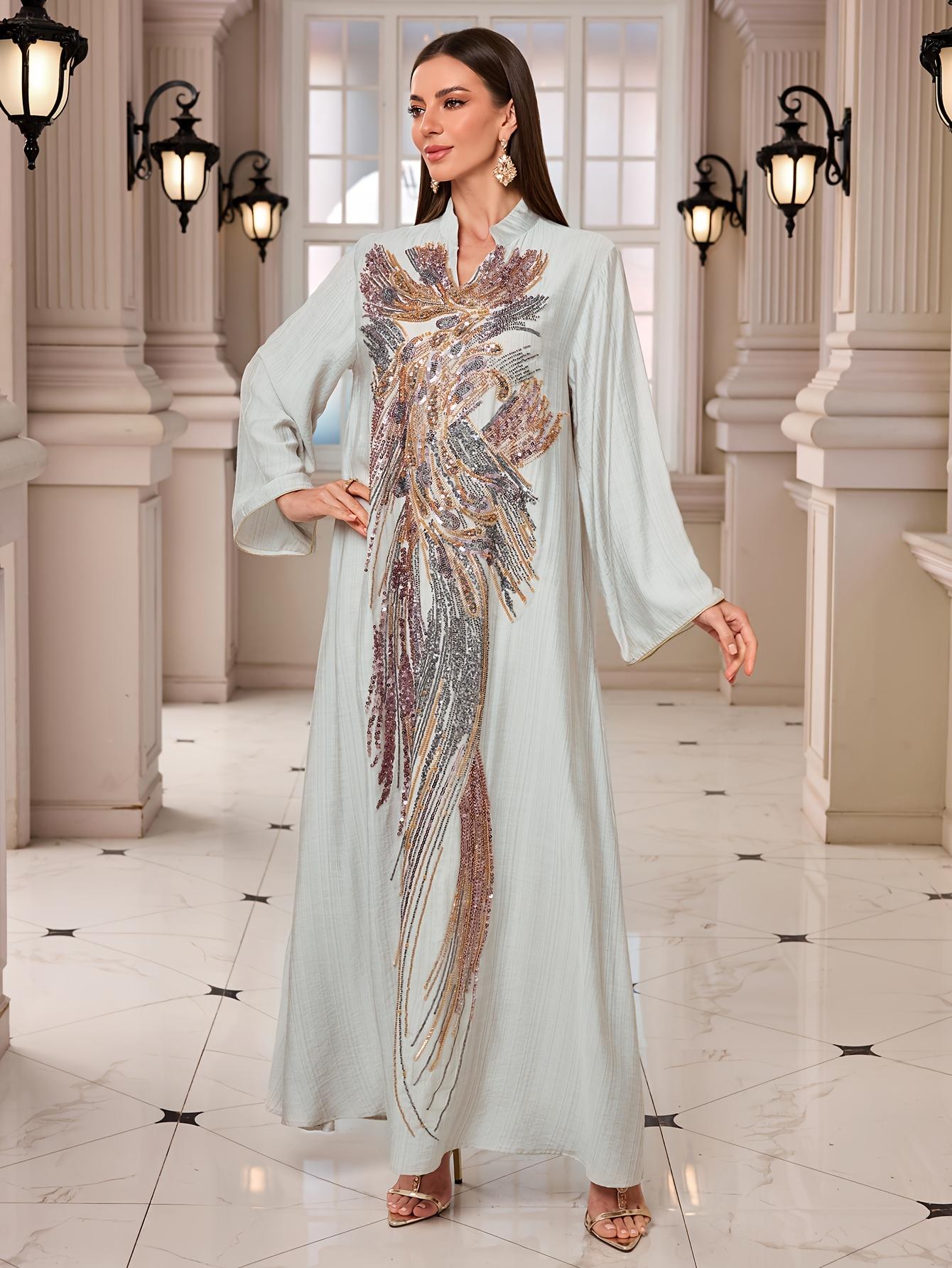 Ramadan Middle East Muslim New Style Robe with Beaded Sequin Embellishments from Chest to Hem, Heavy Print Dress for Daily Gatherings and Festivals