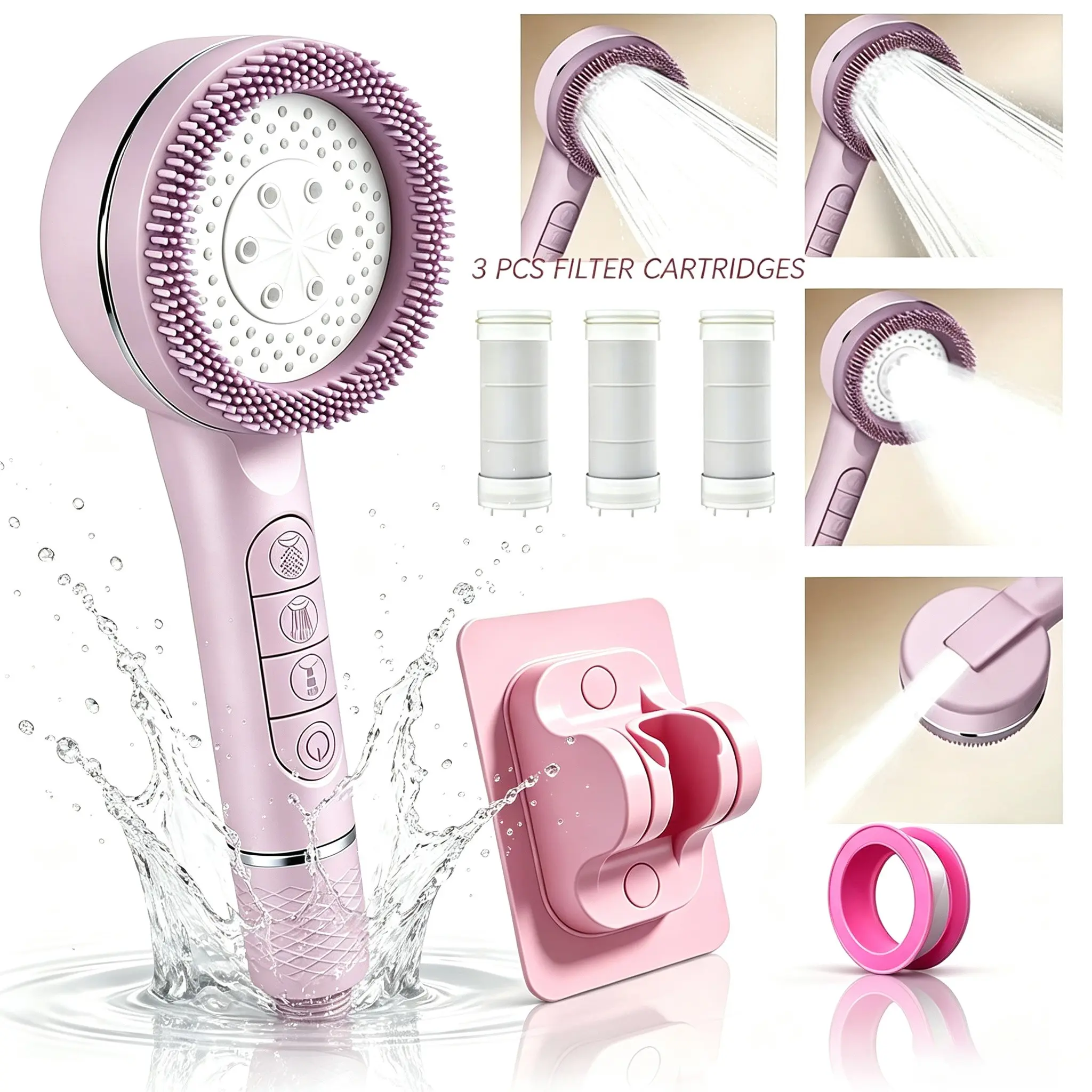4-Mode Filtered Shower Head, Soft Brush, High-Pressure Massage, Detachable Multi-Function Handheld, Includes Filter Core and Stand, No Hose
