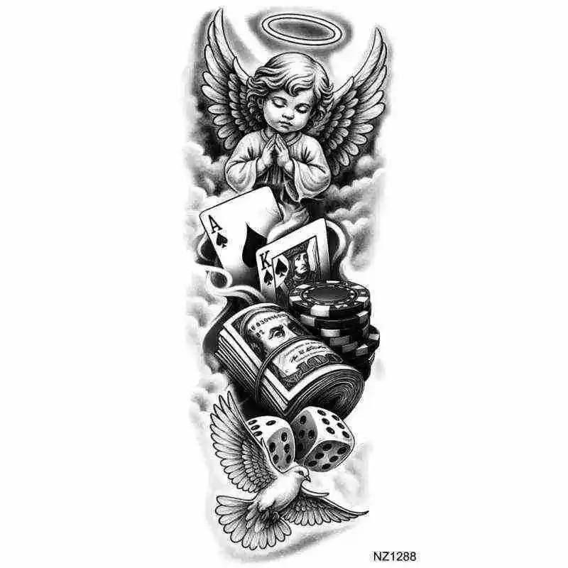 Realistic Religious Angel Tattoo Stickers, Waterproof Long-Lasting Body Art, Unisex Dark Prayer Design, Perfect for Men and Women, Fake Tattoo