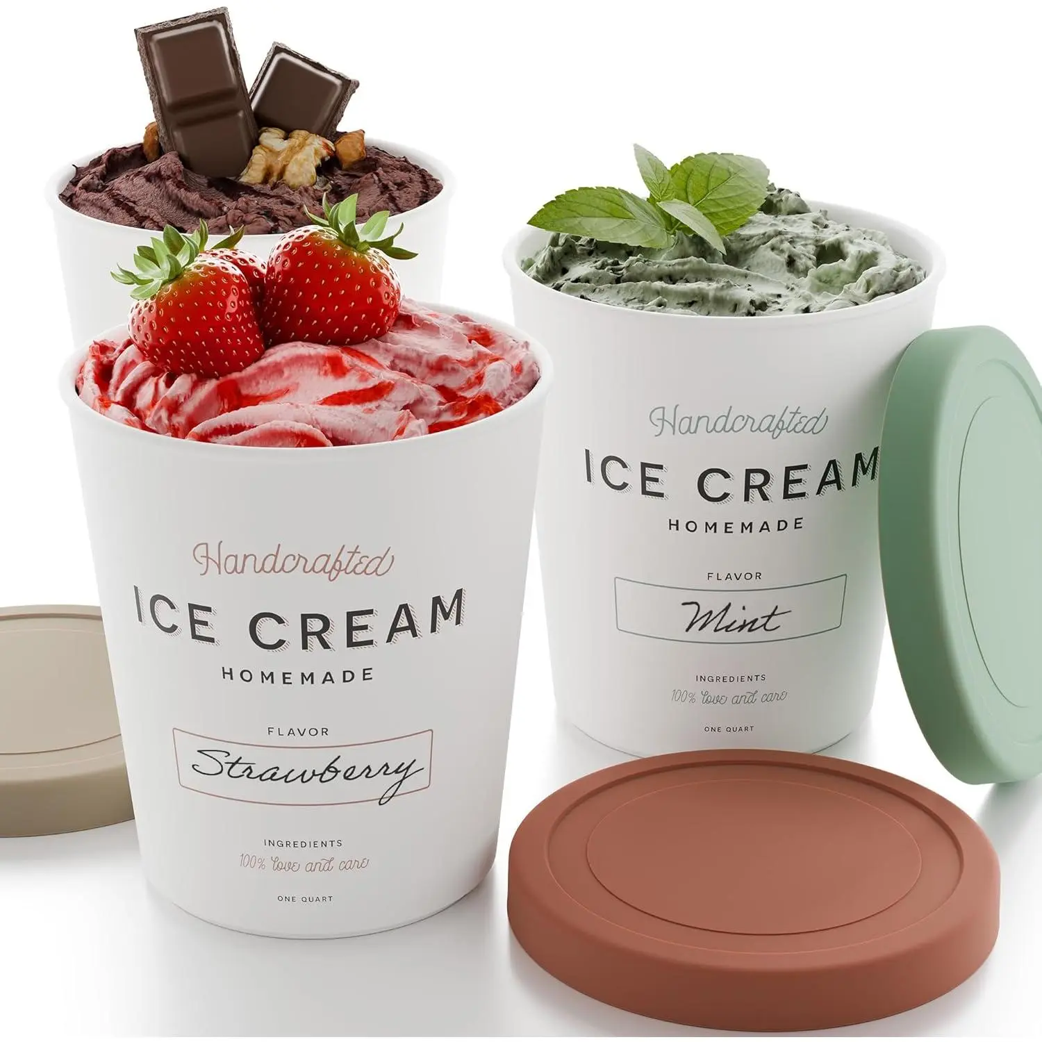 Set of 3 Reusable Ice Cream Containers 1 Quarts ea. - Perfect for Homemade Sorbet, Frozen Yogurt Or Gelato - Stackable Storage Pint Containers, Stickers And Lids Stores Easily In Freezer