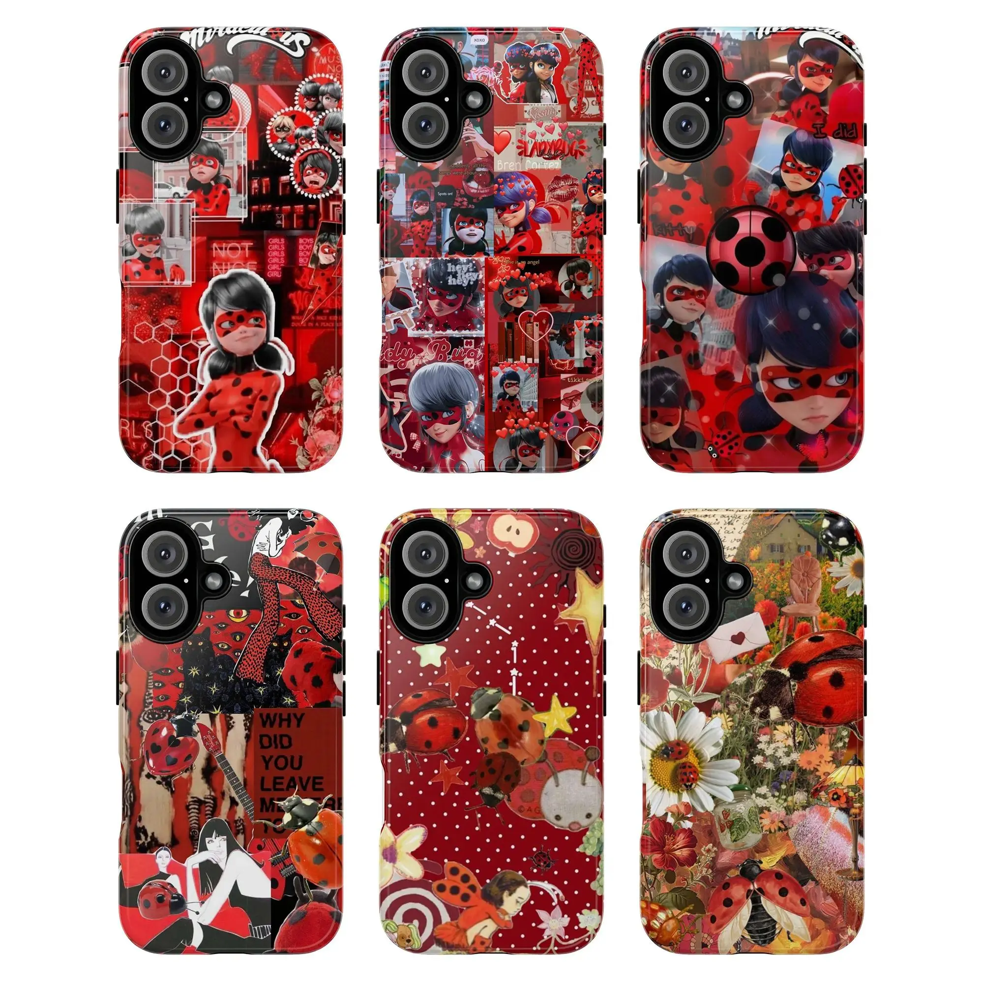 Ladybug Collage Phone Case, Miraculous Cartoon  Ladybug Cat Noir Hearts Flowers Daisies Quotes Why Did You Leave Me Mixed Art Garden Theme Whimsical Feminine Artistic Retro Aesthetic Suitable for iPhone 17-11 Pro Max/Plus and  Samsung Galaxy S23-25