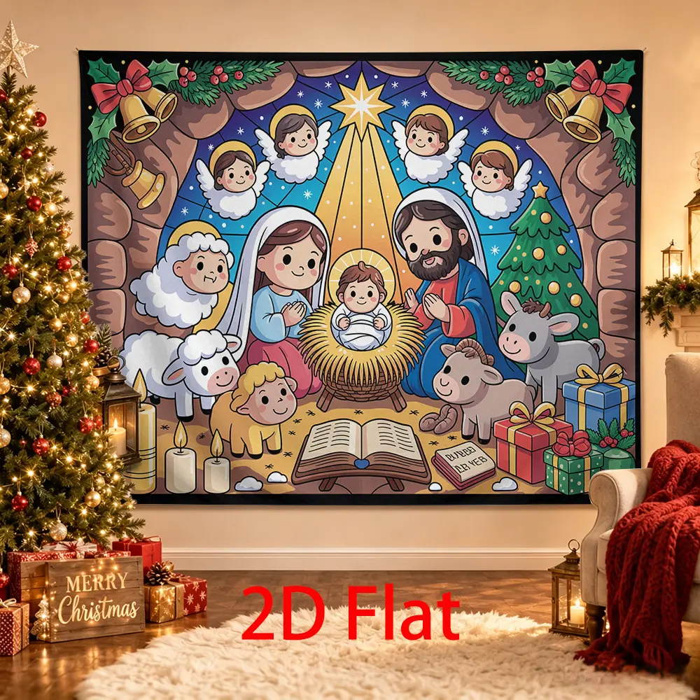 Cute Nativity Christmas Backdrop with Holy Family, Angels, Manger, Sheep, Candles and Gifts for Holiday Photos
