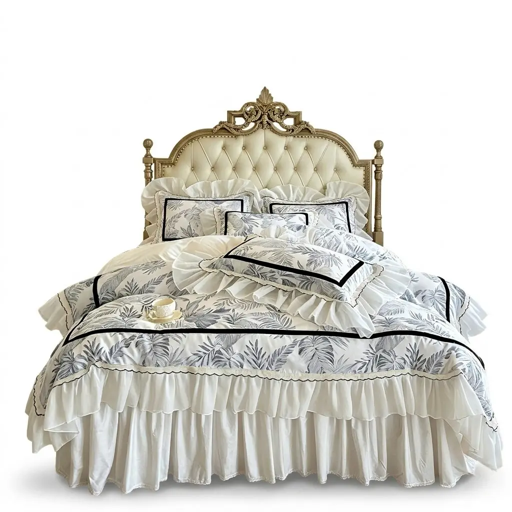 Premium Pure Cotton 4-Piece Light Luxury Bedding Set - Blue and White Princess-Style Lace Duvet Cover, Enchanting Lace Trim Bed Skirt, Hand Wash Only Bedding Sets Collections for Girly Bedroom Decor, Bedding Sets Collections Hand Wash Only