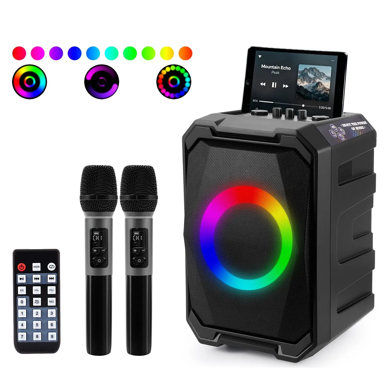 Portable Wireless Party Speaker with LED Light 2 Wireless Mics Remote Control TWS Music Accompany Mic.Priority Bass Echo Mic Treble Guitar In