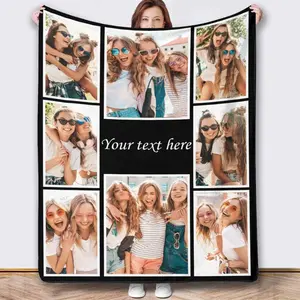Personalized Photo and Text Blanket Custom 8 Pictures Flannel Blanket to Sister My on Birthday Christmas Wedding Anniversary Souvenir, 280gsm flannel blanket, 4 sizes, Spring, Autumn, Winter, Summer, cooling blanket
