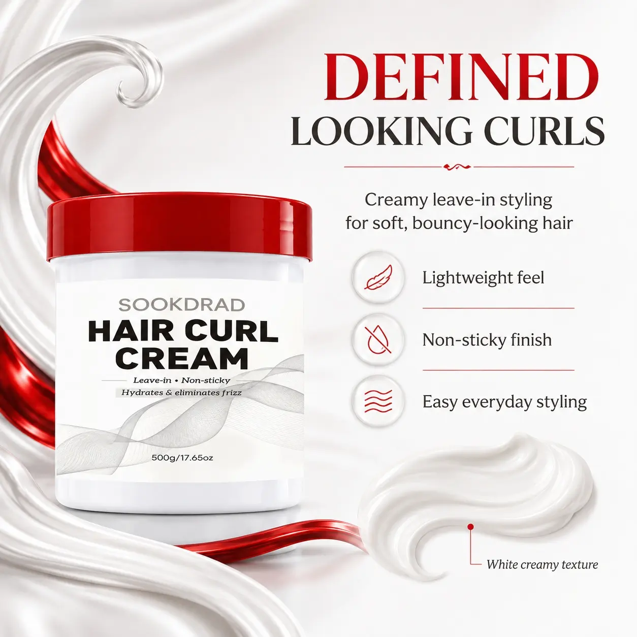 Hair Curl Cream, Leave-In, Non-Sticky, Hydrates, Eliminates Frizz, For Curly Hair, 500g