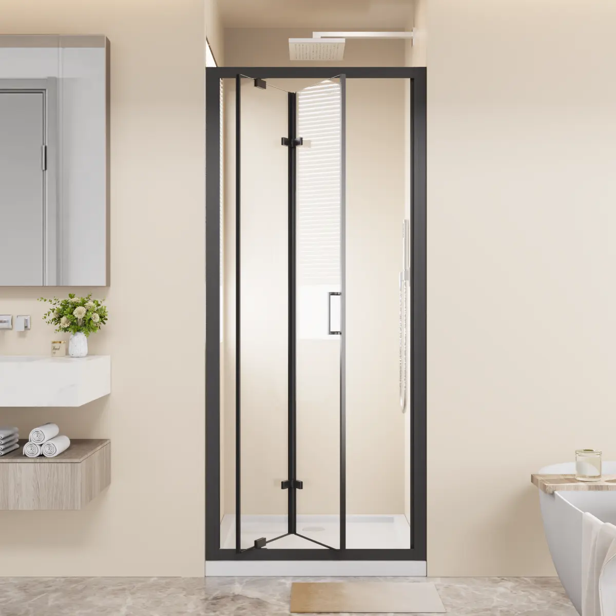 Framed Bi-fold Pivot Shower Door 30"x72" Space-saving Folding Shower Enclosure, 1/4" Clear Tempered Glass with Stainless Steel Handle, Reverible Installation, Black
