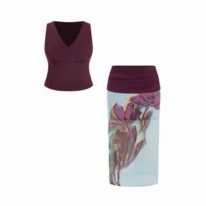 Cider Mesh V-neck Tank Top & Mid Rise Floral Ruched Split Pencil Maxi Skirt Set Curve & Plus