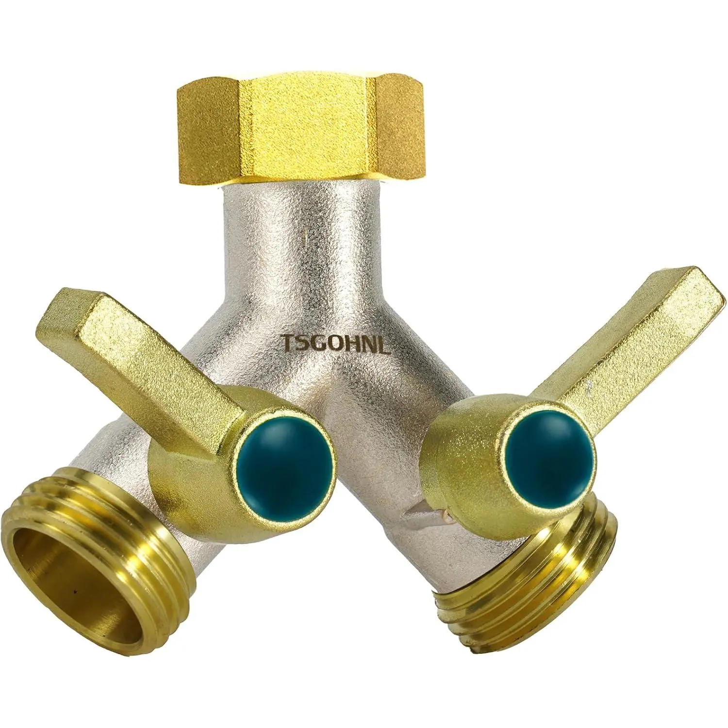Garden Hose Splitter Heavy Duty Brass, 2-Way Y Faucet Splitter with 2 Extended Metal Handles, Outdoor Hose Splitter, GHT 3/4-Inch Heavy Duty Hex Female Inlet and 3/4-Inch Male Outlet, Nickel Plated
