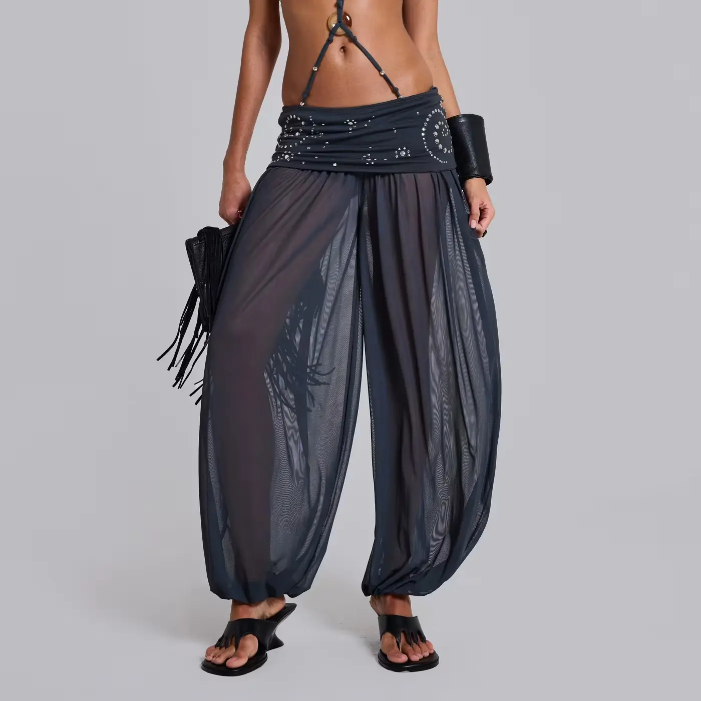 Women's Sheer Harem Pants Studded Adorn Fold Waist Mesh Balloon Pants Loose Fit Perspective Trousers