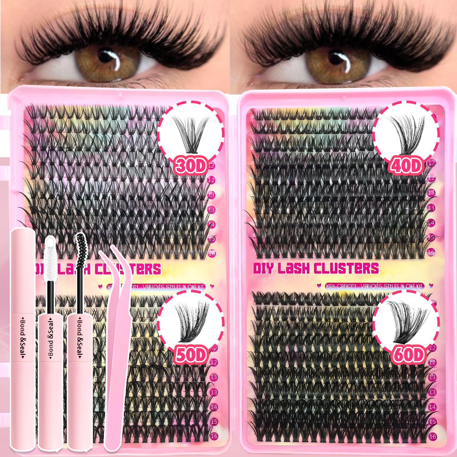 800/740/200pcs Eyelash Extension Kit, Fluffy Lash Extension Set with Lash Bond & Seal, Lash Tweezers and Thick Lash Clusters, Wispy Individual D-Curl Lashes with Eyelash Glue & Tweezers, Eyelash Tools, Cosmetic (30D/40D/50D/60D/80D/100D Mixed, 9-16mm)
