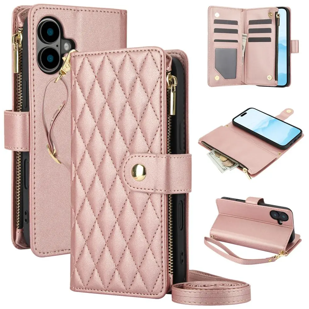 Leather Crossbody Lanyard, Wrist Strap & Zipper Wallet Smartphone Casing - Handheld Cellphone Case for iPhone 15 16 Pro Max 14 13 Mini 12 11 XR XS 7 8 Plus SE Devices