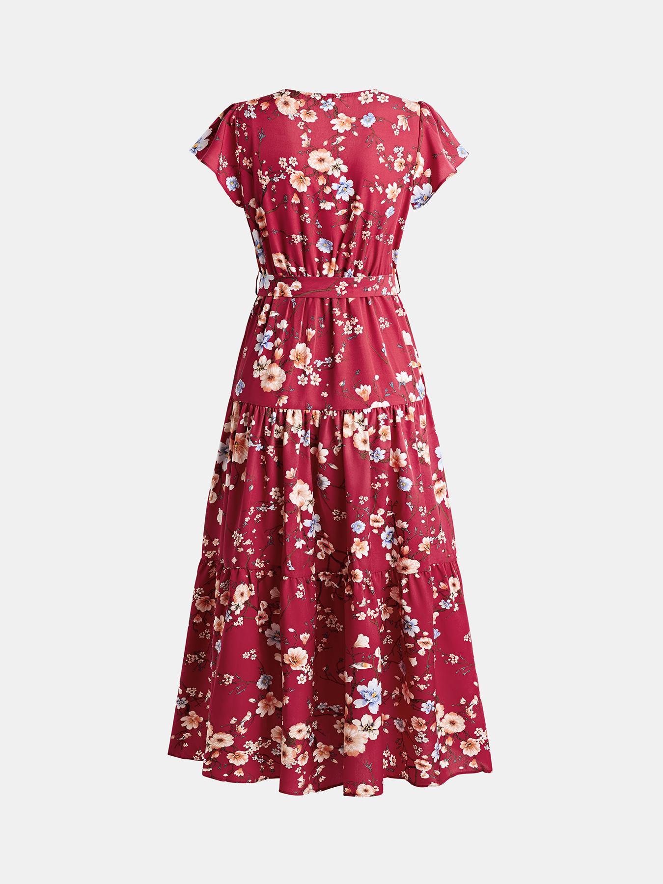 YOZY Floral Print Butterfly Sleeve Dress, Boho Fashion Wrap V Neck Cap Sleeve Belted Tiered Ruffle Long A Line Dress, 2024 Women's Beach Holiday Vacation Wear for Spring & Summer