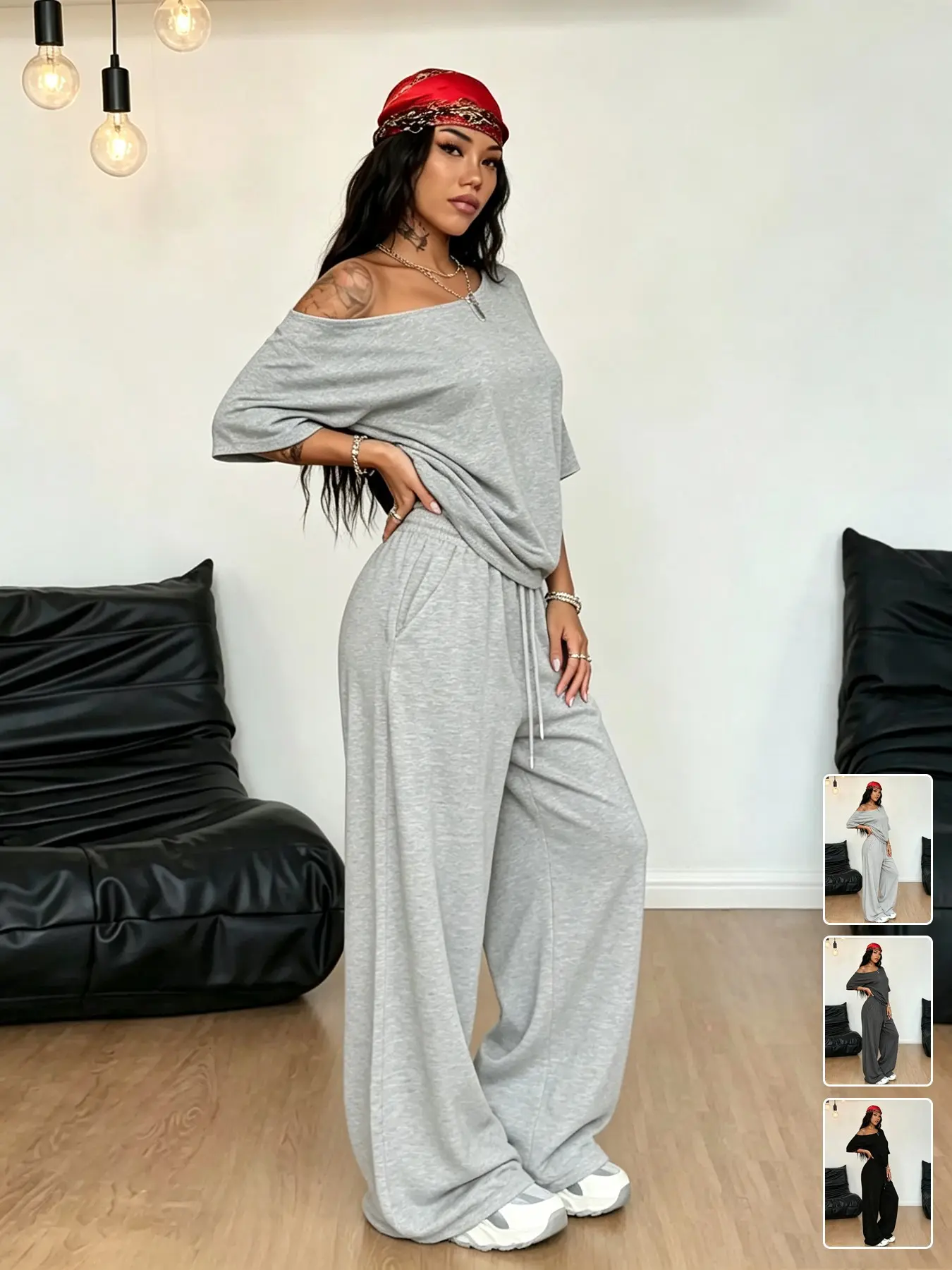 Plus Size Off Shoulder Loose Short Sleeve Top & Drawstring Wide Leg Pants 2 Piece Set, Womenswear Basic Clothes, Casual Curvy-Friendly Outfit, Multiple Colors Available, Perfect for Loungewear, Streetwear, Fitness Wear, Daily Commute