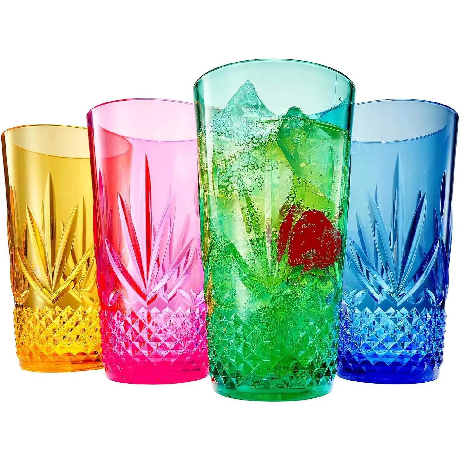 Large Plastic Tumblers Highball Drinking Glasses Shatterproof &  Bright  | 4 Set |  Glass Lookalike Tritan, Dishwasher Safe, Unbreakable , Outdoor & Indoor 12OZ