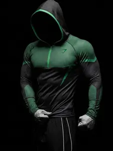 Men's Long Sleeve Hooded Workout Top, Quick-Dry Breathable Tight Fit, Muscle Definition, Indoor Gym, Outdoor Running, Comfortable