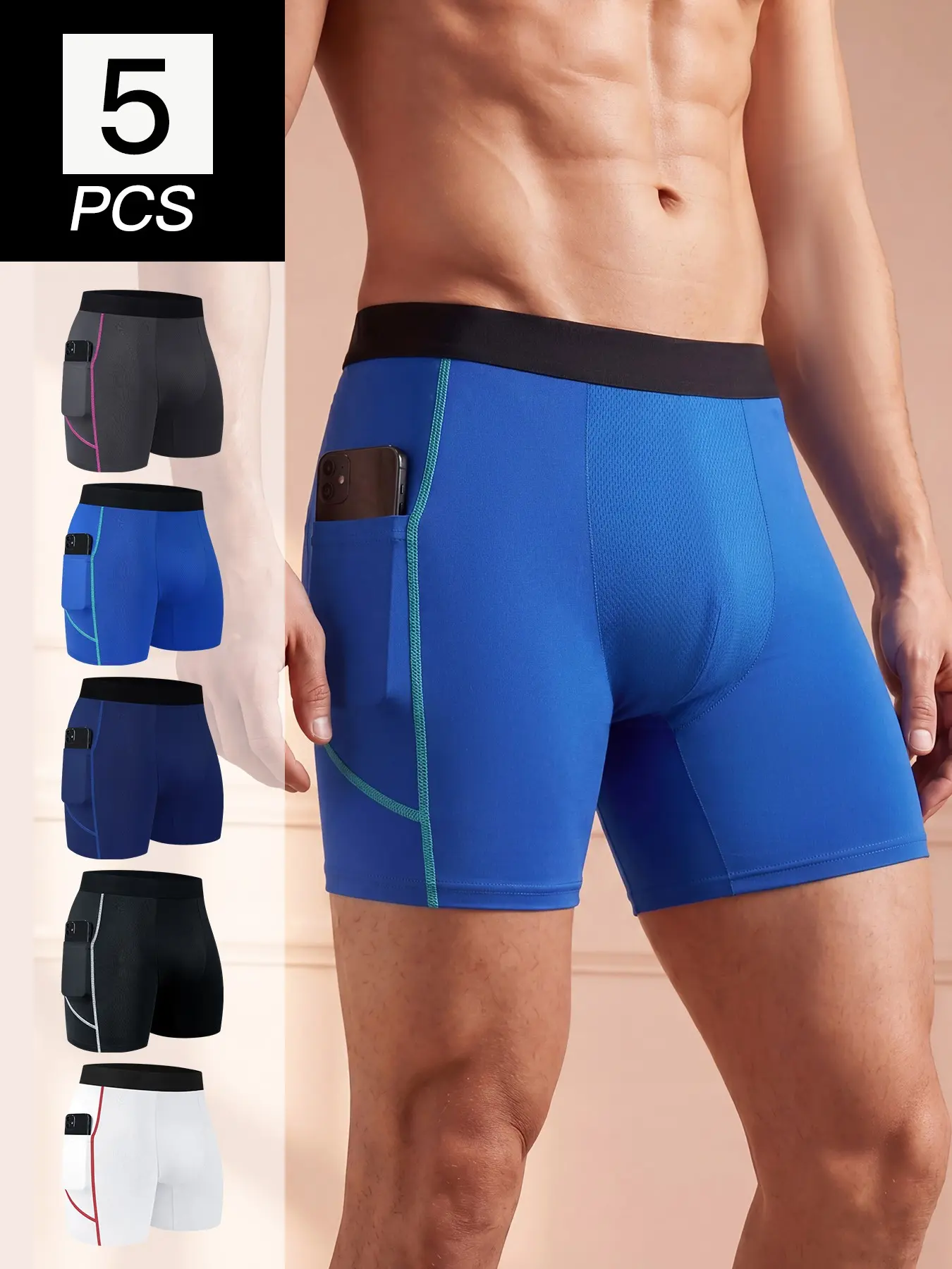 5 Pcs/Pack Men's Boxer Briefs with Phone Pocket, Long Leg Athletic Sport Underwear, Quick Dry Breathable Moisture Wicking Stretch Trunks, No Ride Up Anti Chafing Underwear for Gym Running Cycling Daily Wear