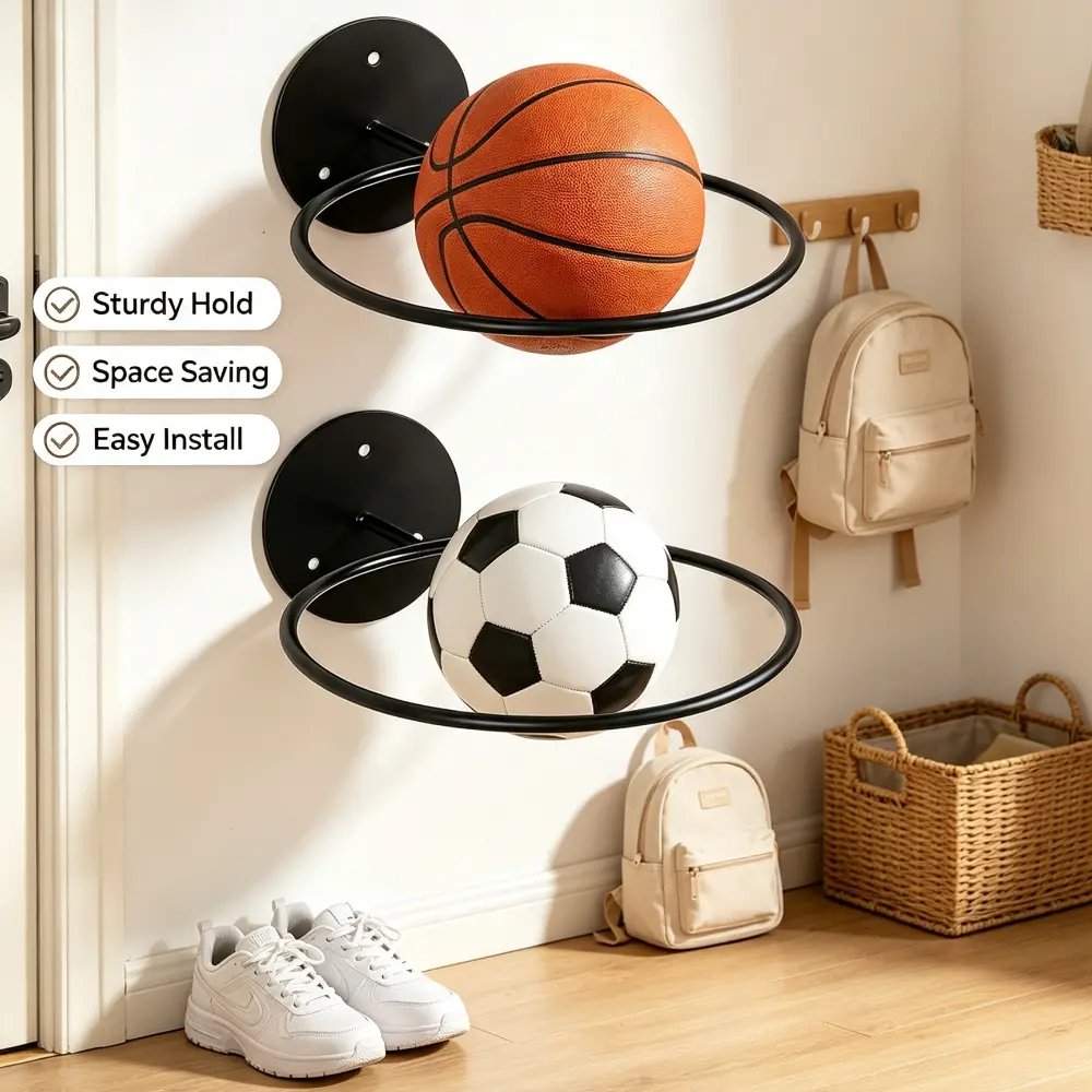 Set of 2 Wall-Mounted Ball Racks | Sports Ball Display Holders – Iron Construction, Suitable for Soccer Balls, Volleyballs, and Basketballs; Minimalist Design, Ideal for Home Gyms and Garages – Durable Wall-Mounted Storage and Display Racks