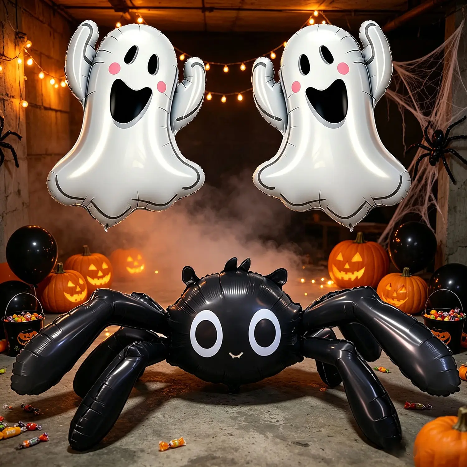 Halloween Decoration Set, 5 Giant Spider Balloons, 2 Ghosts, 2 Straw Ribbons, Indoor Outdoor Party Decor, Haunted House Theme