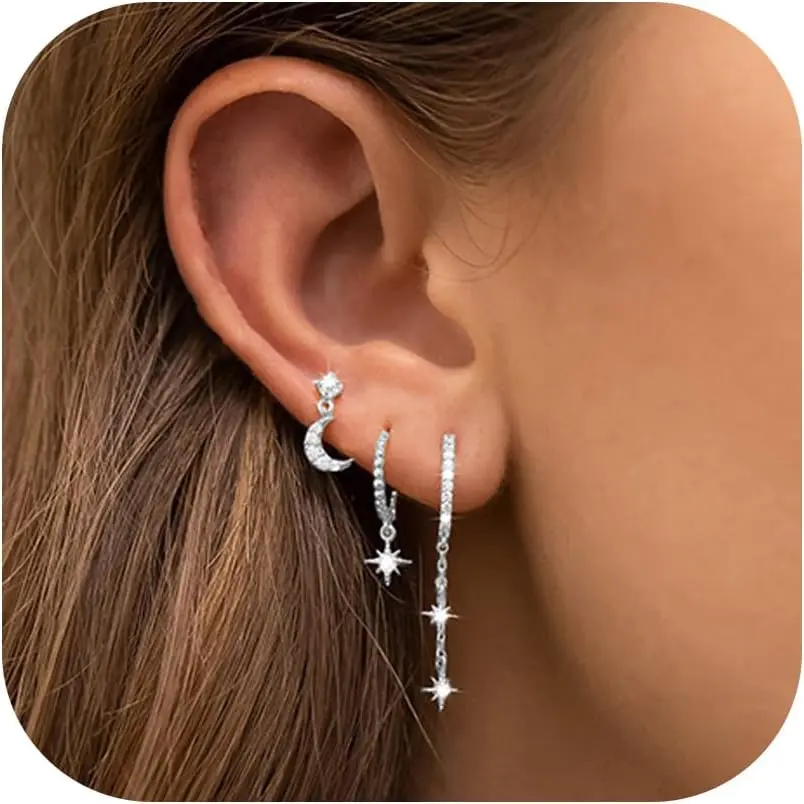 3Pairs Earrings Set for Women  Moon  CZ Butterfly Green Dainty Stud Hoop Earrings for Three Holes Earrings Stack