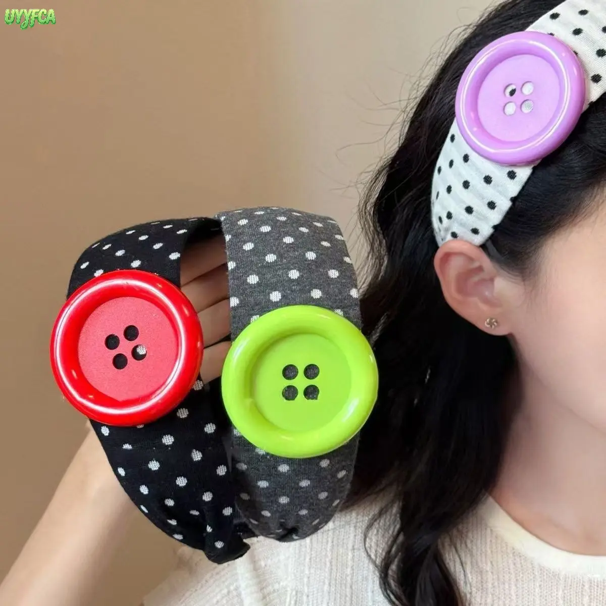 Summer Colorful Y2K Polka Dot Wide Fabric Headband With Giant Colorful Button Decor,Trendy Cool Daily Hair Accessories Non Slip Lined Retro Hair Band,Soft Stretchy Cloth Hair Accessory, Ideal For Daily Makeup Washing, Streetwear And Coquette Aesthetic