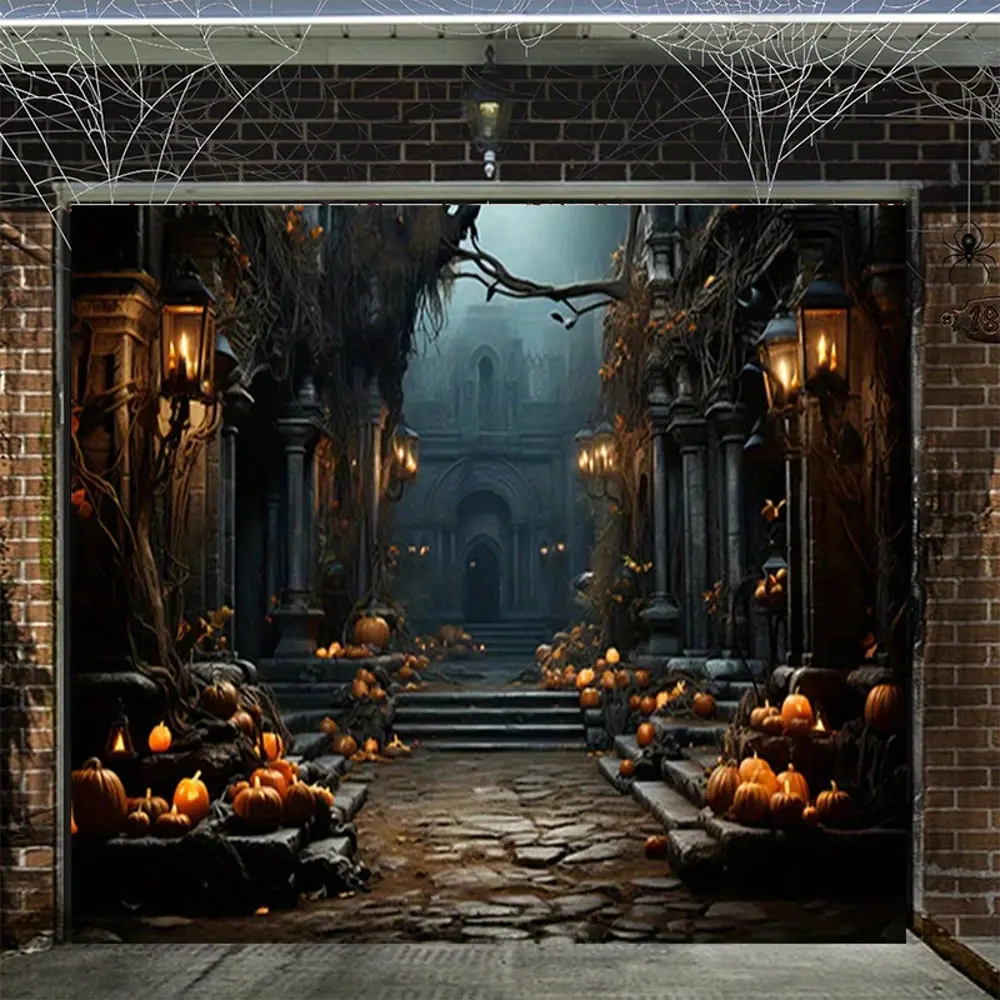 2D Flat Banner polyester photography backdrop, HD digitally printed Halloween themed spooky alley with pumpkins pattern, soft lightweight foldable machine washable background cloth, suitable for indoor and occasional outdoor use,