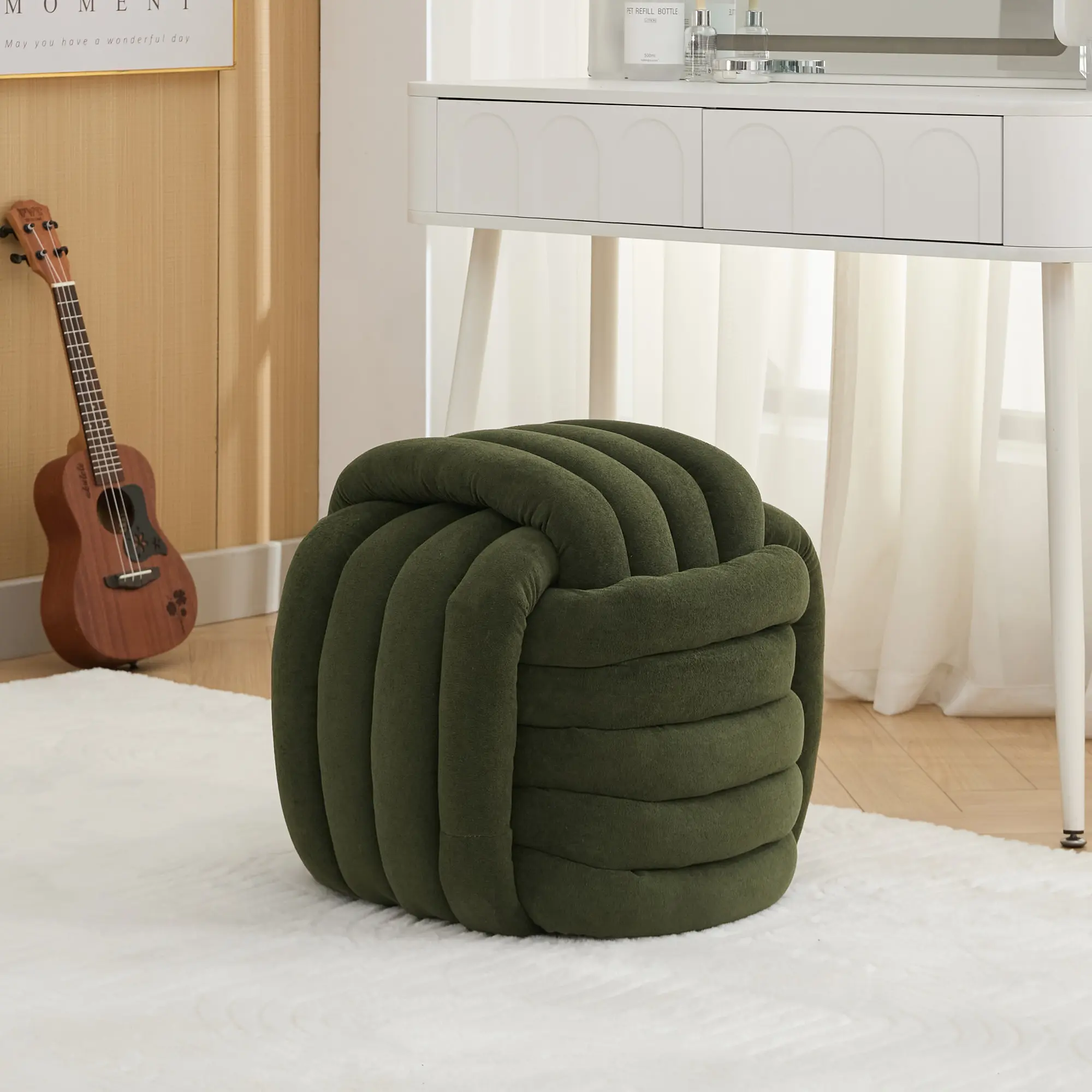 ARCH Modern Chenille Knot Square Ottoman Stool - 19.3" Size Square Footrest, Soft Foam Filled Wood Frame, 19.3x19.3x17.7in, 250lbs Capacity, No Assembly Needed, Living Room Accent Seat, Green