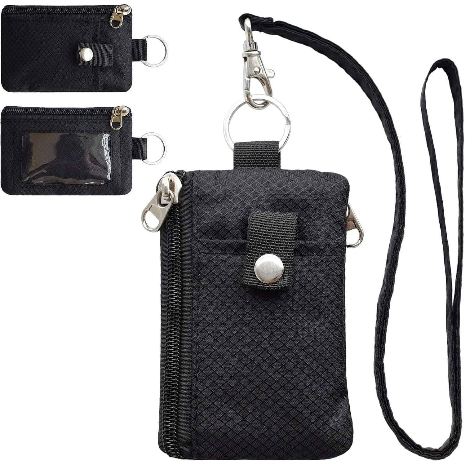 Unisex Minimalist RFID Blocking Small Wallet - ID Window, Water-Resistant Zippered Case, Lanyard Strap Keychain for Cards, Cash, Travel