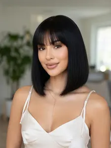 Must Have! 100% Real Human Hair Bob Wig with Bangs 😍 Get the Perfect Summer Look in 3 Seconds! Glueless & Beginner Friendly Straight Short Bob No Glue No Mess Natural Black Silk Press Vibes ✨ Shop the Viral Glow Up Hair for Black Women Now!