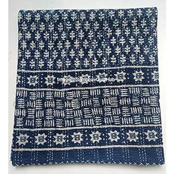 Blue Indigo Print Cotton Handmade Handblock Quilted Blanket Indian Cotton Bedspread Kantha Indigo Print Bohemian Bed Decor Throw Blanket Multiple Sizes Queen/King 90X108 inches
