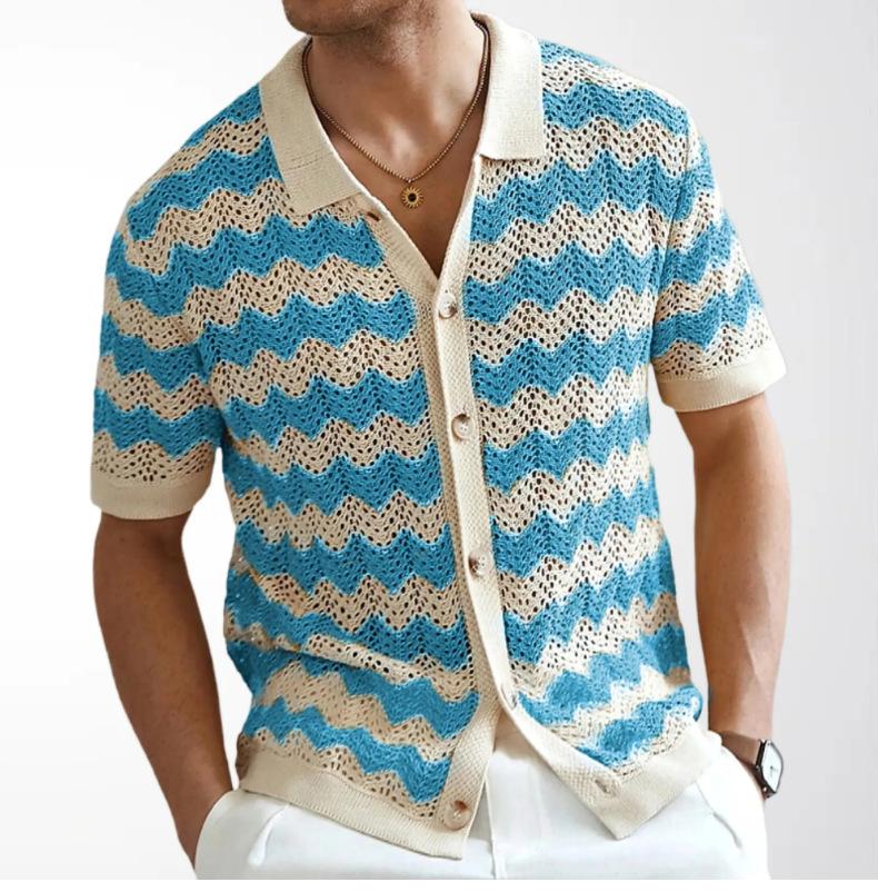 Men's Vintage Hong Kong Style Wave Pattern Hollow Knit Shirt with Turn-down Collar, Summer Short Sleeve Casual Polo Shirt