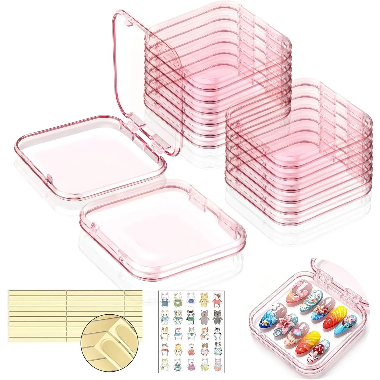 12 Pcs Press On Nail Containers 3x3in Pink Plastic Nail Tips Holder,Organizer Box with 30 Adhesive Glue Tabs for Fake Nail Display,Nail Storage Case for Salon Business & Home Use