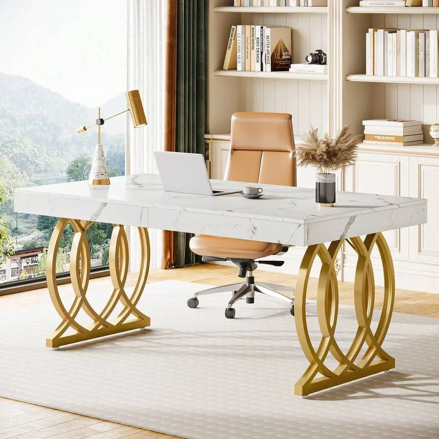 63-Inch Executive Desk, Modern Office Computer Desk With Stylish Gold Legs, Rectangular Workstation Home Office, Small Conference Table Meeting Room (White And Gold)