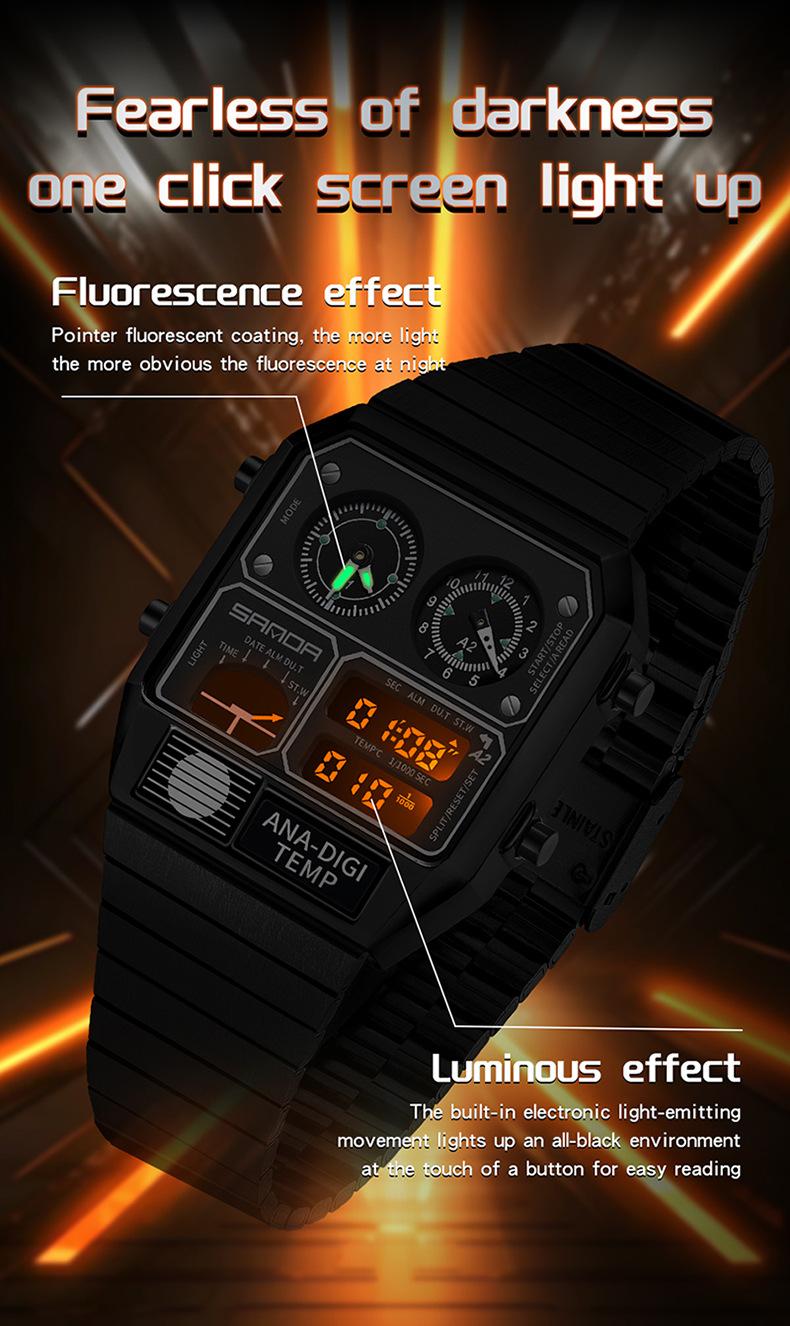 Trendy Men's Square Dial Digital Watch, Street Style Waterproof Luminous Watch, Multifunctional Timepiece with Temperature Measurement & Stopwatch