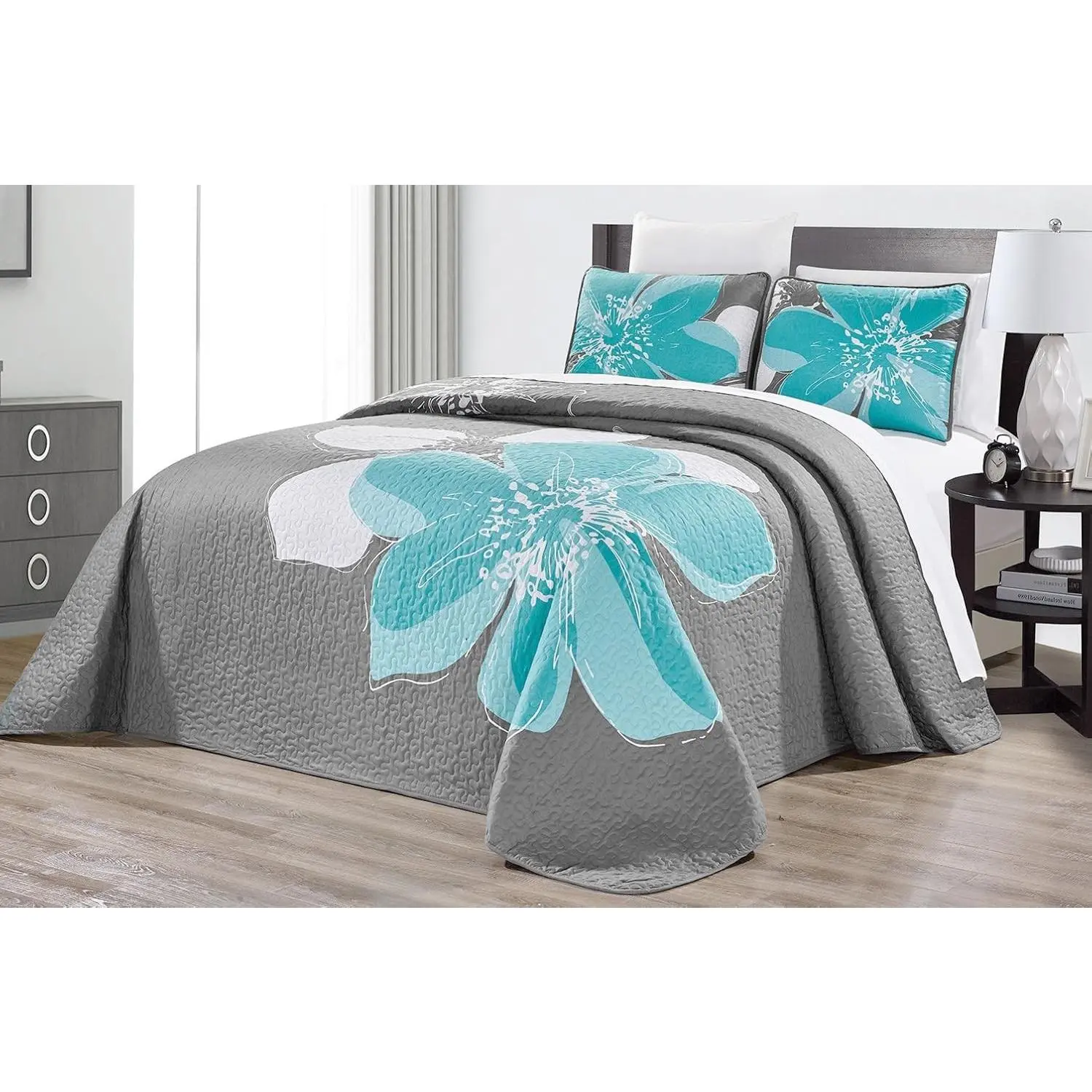 3-Piece Fine Printed (90 X 88) Quilt Set Reversible Bedspread Coverlet (Double) Full Size Bed Cover (Aqua Blue, Grey, White Hibiscus Floral)