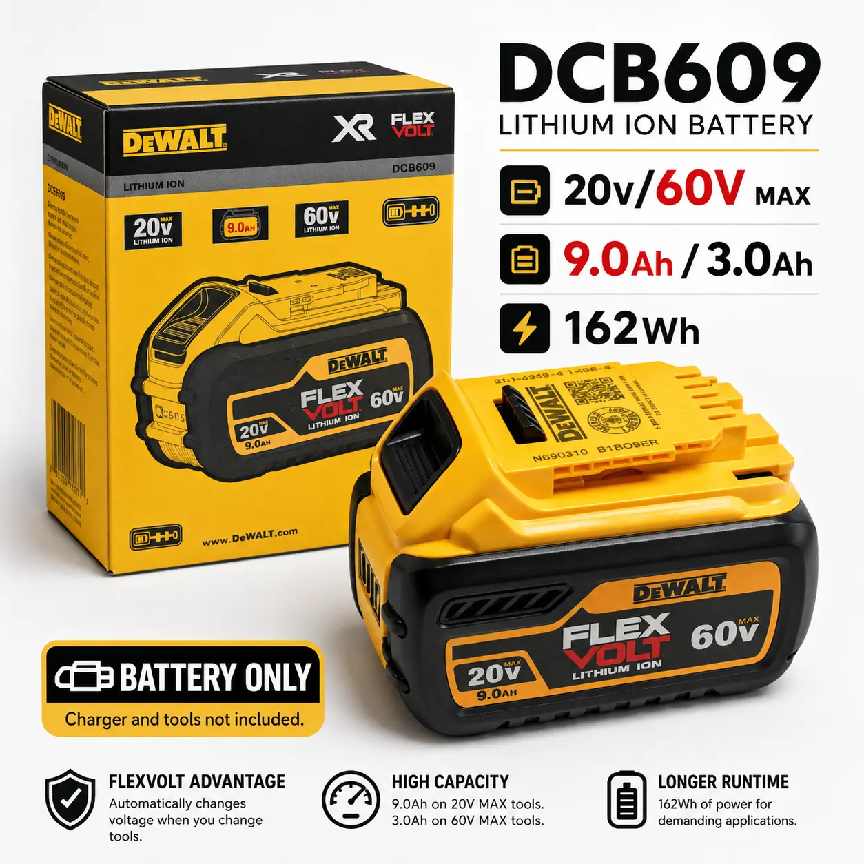 DEWALT DCB609 FLEXVOLT 20V/60V MAX 9.0Ah Lithium-Ion Battery Pack - Auto-Switching Dual Voltage, Red Protective Transport Cap, 162 Wh, LED Charge Indicator