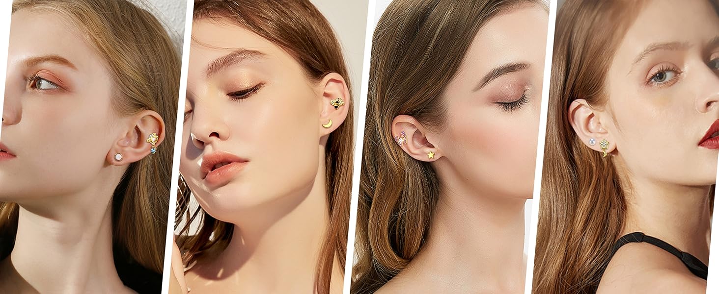 FIASASO 16Pcs Dangle Cartilage Earrings for Women Men Stainless Steel Tragus Stud Earrings 16G and 20G Butterfly Heart CZ Opal Flat Back Earrings Cartilage Tragus Conch Helix Daith Piercing Jewelry