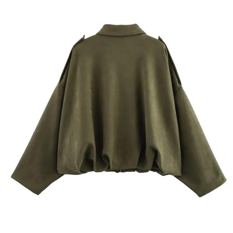 2026 Spring New Women's Suede Texture Effect Loose Fit Fashion Lapel Shoulder Bomber Jacket in Olive Brown & Burgundy