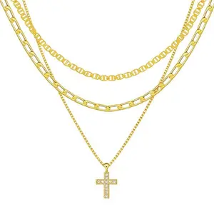 3 Pcs Gold Layered Initial Cross Necklace, 14K Gold Layering, Paperclip Chain Box Chain Mariner Chain, CZ Diamond Cross Pendant, Minimalist Simple Elegant Jewelry Gift Adjustable