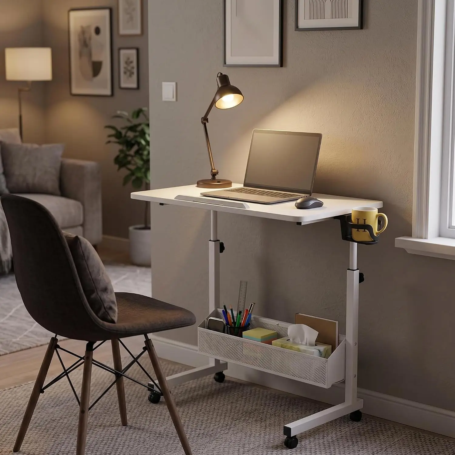 Mobile Height Adjustable Standing Laptop Desk, Rolling Computer Desk with Storage Shelves and Lockable Wheels, Portable Workstation for Home Office Small Spaces
