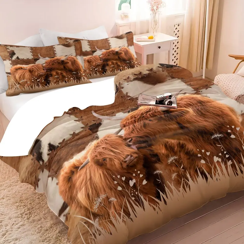 2/3Pcs Western Highland Cow Duvet Cover Set, Rustic Farmhouse Bedding Set for Bedroom, Soft Highland Cattle Print Quilt Cover with Pillowcase, Farm Animal Theme Home Decor No Fillers