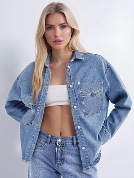 Women's Plain Button Front Drop Shoulder Curved Hem Denim Jacket, Casual Long Sleeve Pocket Design Collar Outerwear for Daily Wear, Ladies Clothes for All Seasons