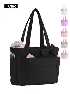 【Valentine's Day】Puffer Tote Bag for Women, Lightweight Quilted Tote, Quilted Bow Tote Bag with Cup Holder & 15.6 In Laptop Compartment for Work, Travel, Gym, College，Valentine's Day, Christmas and Thanksgiving Day gifts