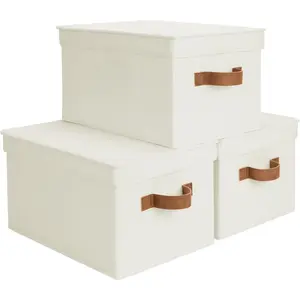 Fabric Storage Bins with Lids, Decorative Storage Bins with PU Handles, Foldable Storage Baskets for Closet, Shelves, Stackable and Sturdy Organization, Ivory, Large, 3-Pack
